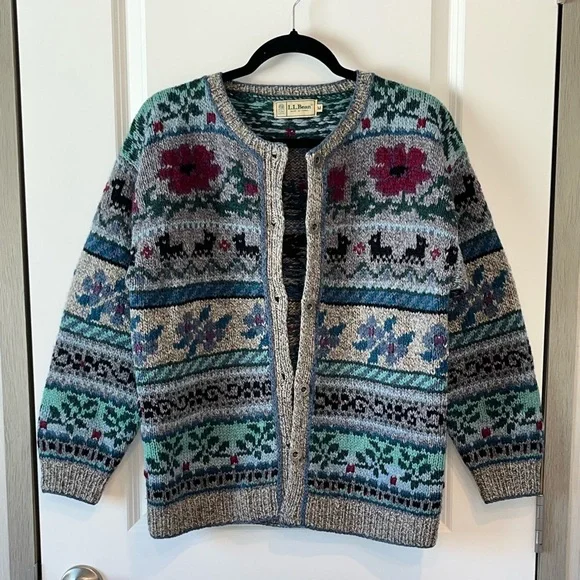 Vtg LL Bean Cardigan Womens Medium Wool Animal 80s Prairie Scottie Dog - Picture 2 of 10